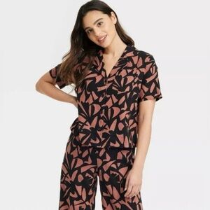 a new day Black and Brown Linen Blend Patterned Top